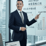 A confident foreign businessman in a blue suit leading a quarterly sales meeting, pointing at a whiteboard with Chinese text, with a laptop showing a China business email in the foreground.
