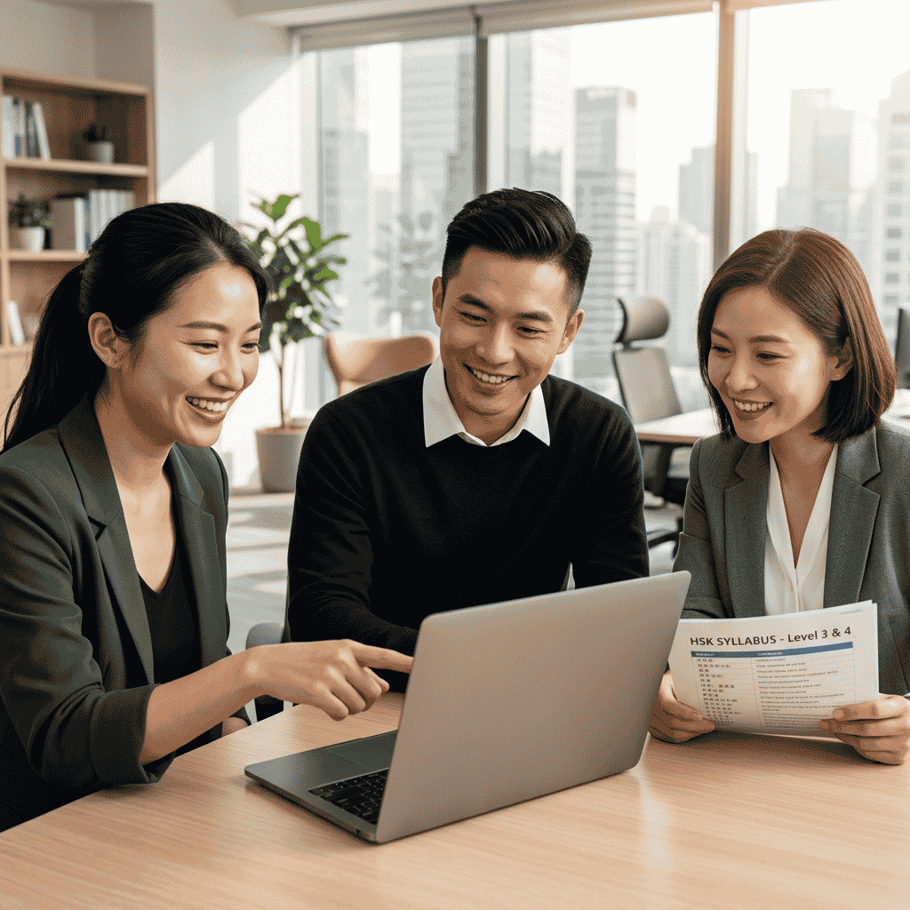 A group of three certified TCSOL Chinese instructors smiling and collaborating on curriculum planning around a laptop and HSK syllabus in a modern office.