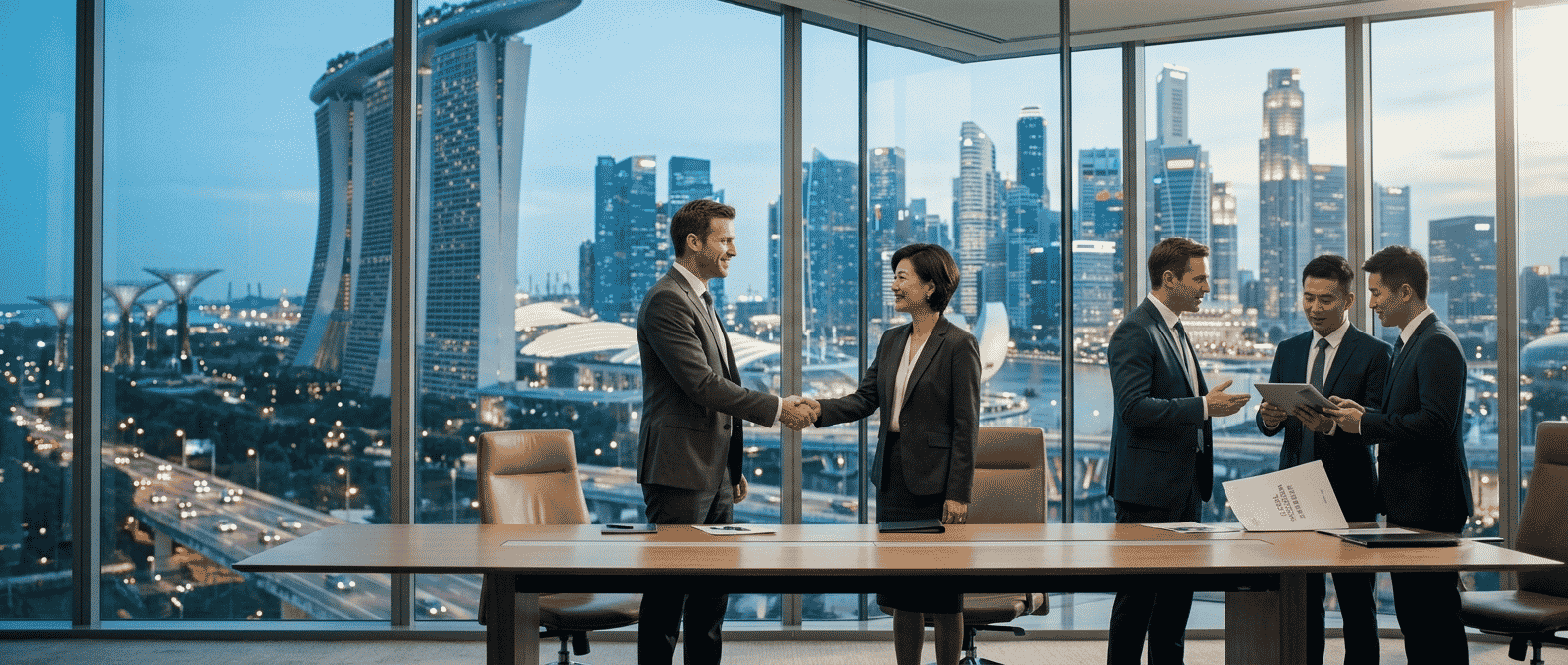 A dynamic wide shot of a foreign professional and a Chinese partner shaking hands during a successful cross-border business collaboration meeting in a modern, high-rise executive meeting room overlooking a city skyline.