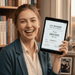 A young professional woman smiling proudly, holding a tablet that displays an HSK Test Score Report with a high pass of 280/300, set in a cozy home study filled with books.