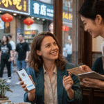A happy expatriate woman ordering food using a language app on her smartphone at a cozy cafe in China, talking fluently with a local waitress.