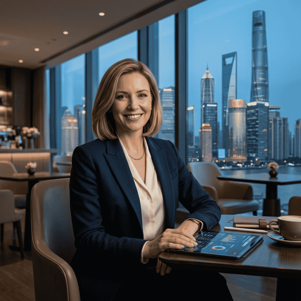 A cinematic close-up portrait of a confident female executive with a tablet showing business data, used as a high-conversion thumbnail for TutorHan's online Chinese course promotional video.