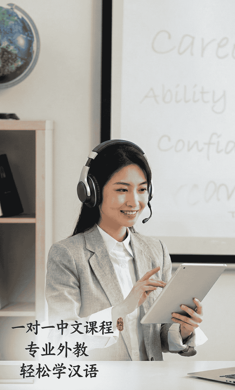 A smiling professional female Chinese teacher wearing headphones with a microphone, conducting a live 1-on-1 online Mandarin lesson with a tablet.