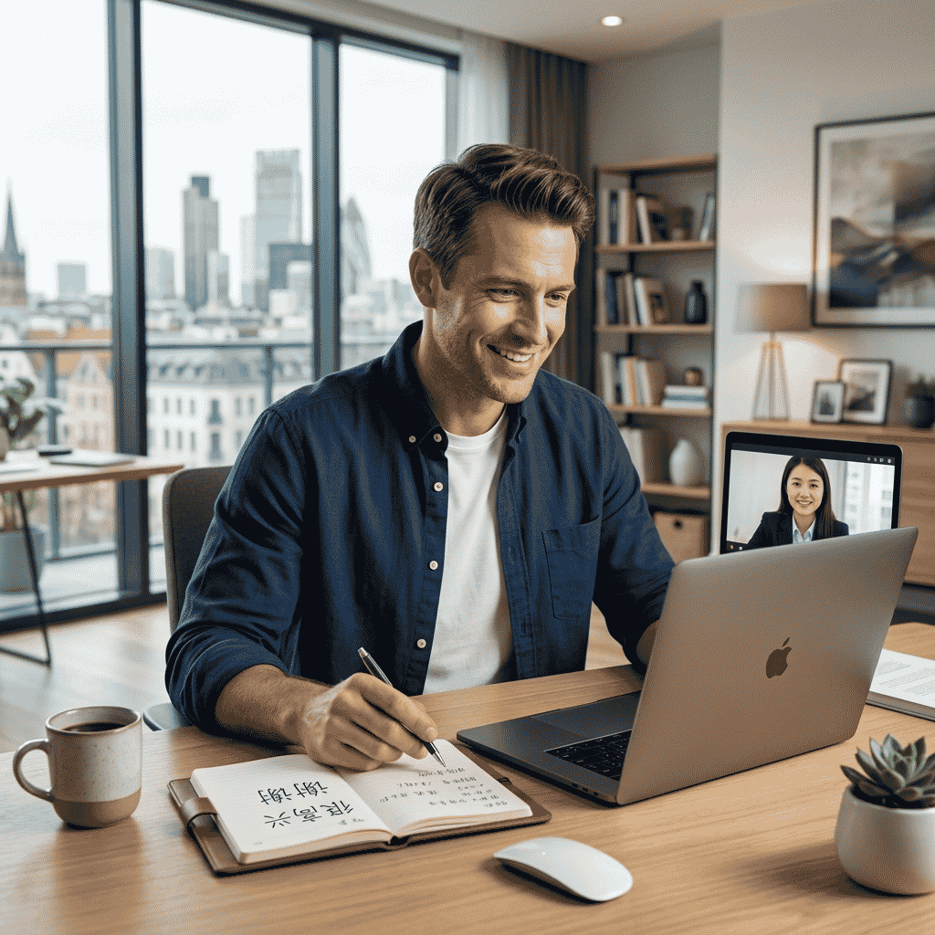 A smiling European male executive having a live 1-on-1 online Chinese lesson with a female tutor on his laptop screen in a focused home office setting.