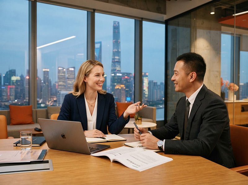 Professionals discussing business in a modern Shanghai office during a Business Chinese lesson scenario
