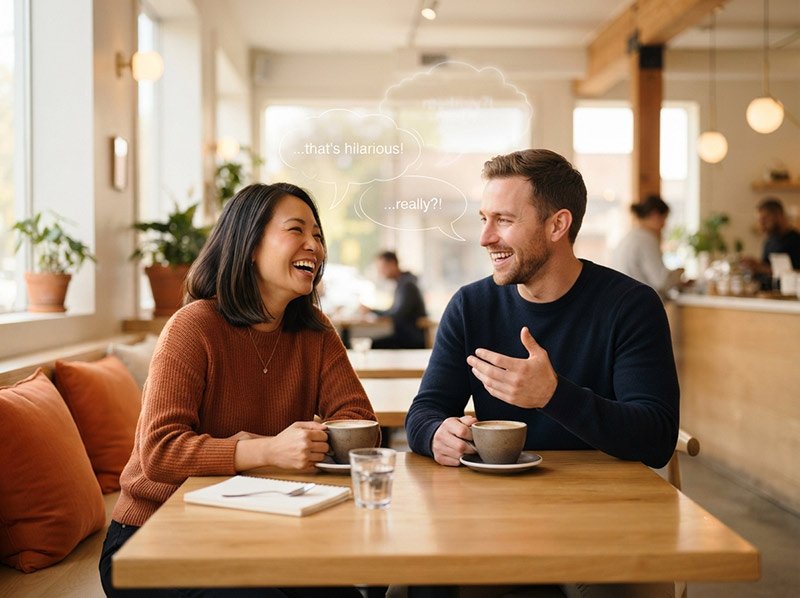 Two people enjoying a relaxed Chinese conversation practice over coffee in a bright café