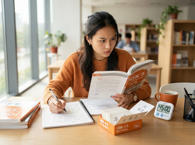 Student preparing for the HSK Chinese exam with textbooks, flashcards, and practice tests at a study desk